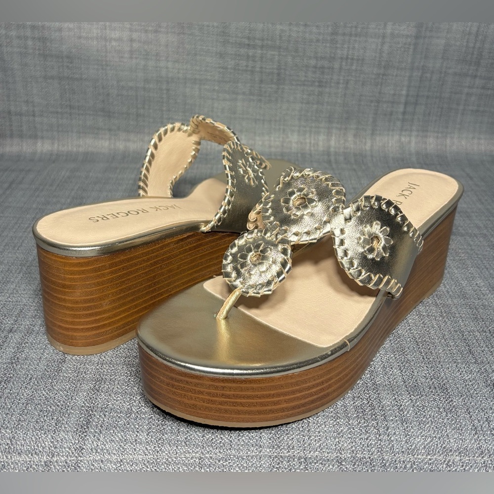 Jack Rogers Kimberly Mid Wedge Thong Sandals Platinum Leather - Picture 2 of 7